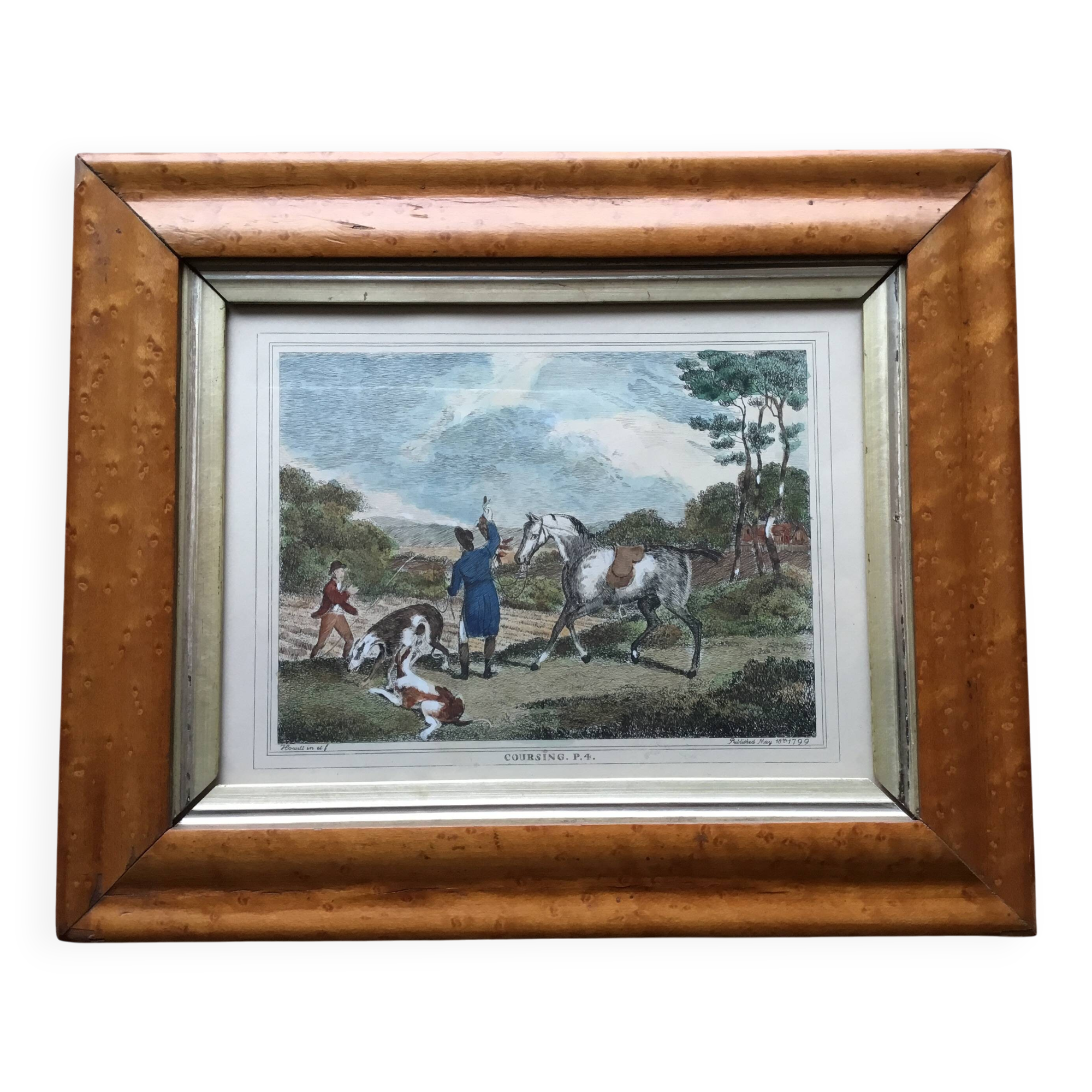 Old watercolour of a hunting scene in its original frame.