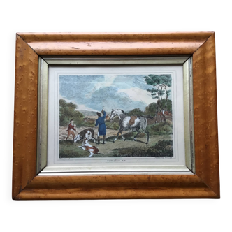 Old watercolour of a hunting scene in its original frame.