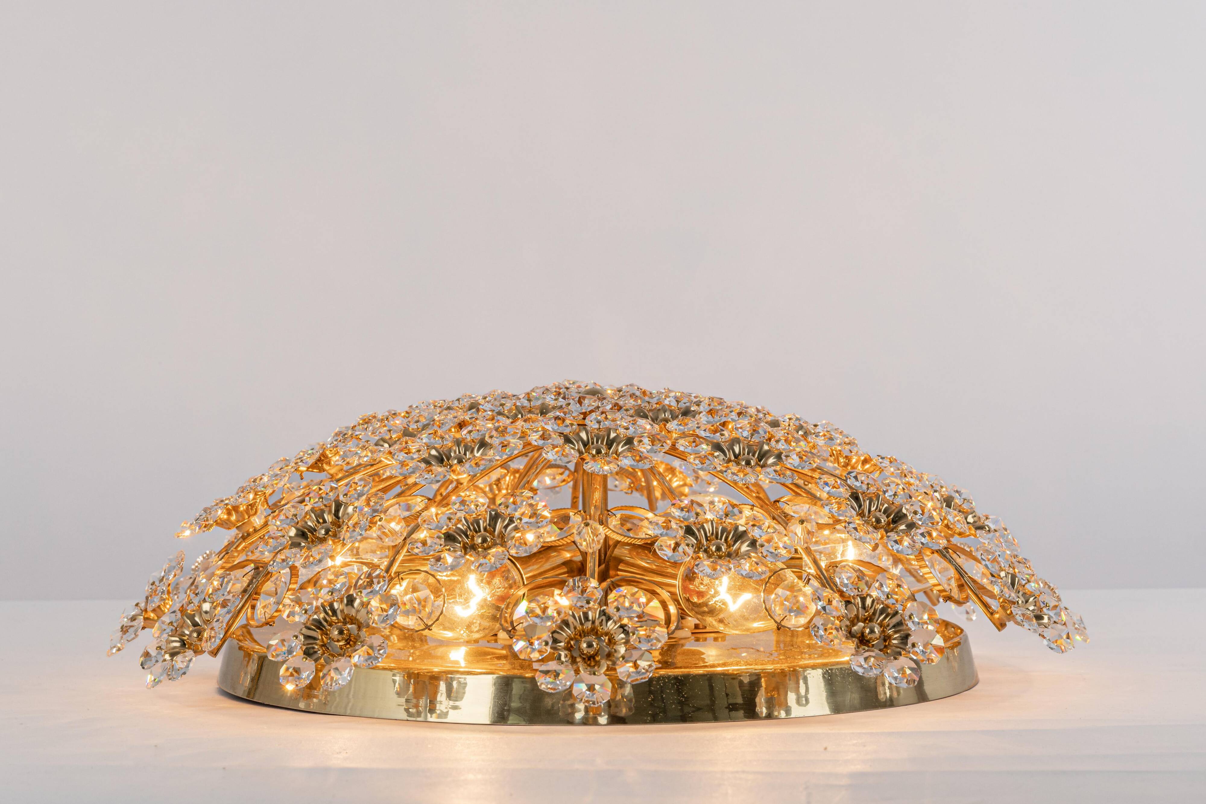 Brass ceiling light with cut glass flowers by Palwa, Germany, 1970s.