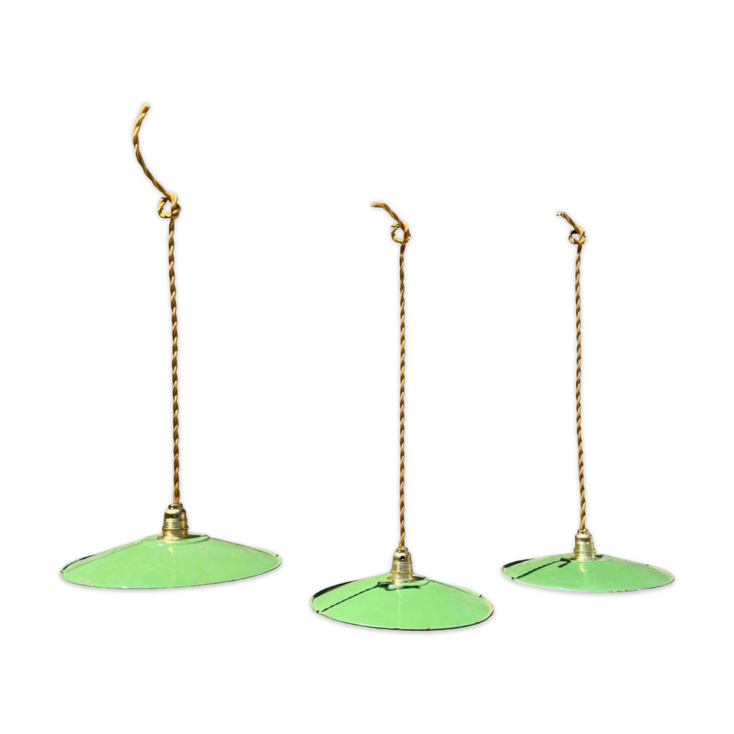 Lot of 3 vintage pendant lampshades in green and white enamelled sheet metal, industrial farm