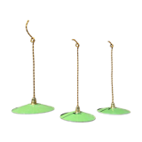 Lot of 3 vintage pendant lampshades in green and white enamelled sheet metal, industrial farm