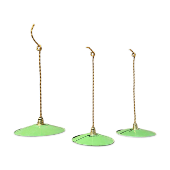 Lot 3 vintage suspension lampshade green and white industrial farm enameled sheet metal