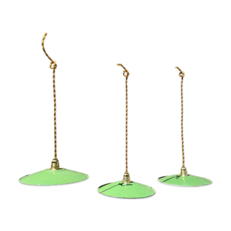 Lot of 3 vintage pendant lampshades in green and white enamelled sheet metal, industrial farm