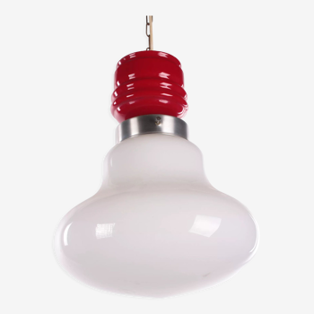 Vintage hanging lamp red with white milk glass, 1960s