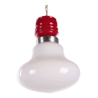 Vintage hanging lamp red with white milk glass, 1960s