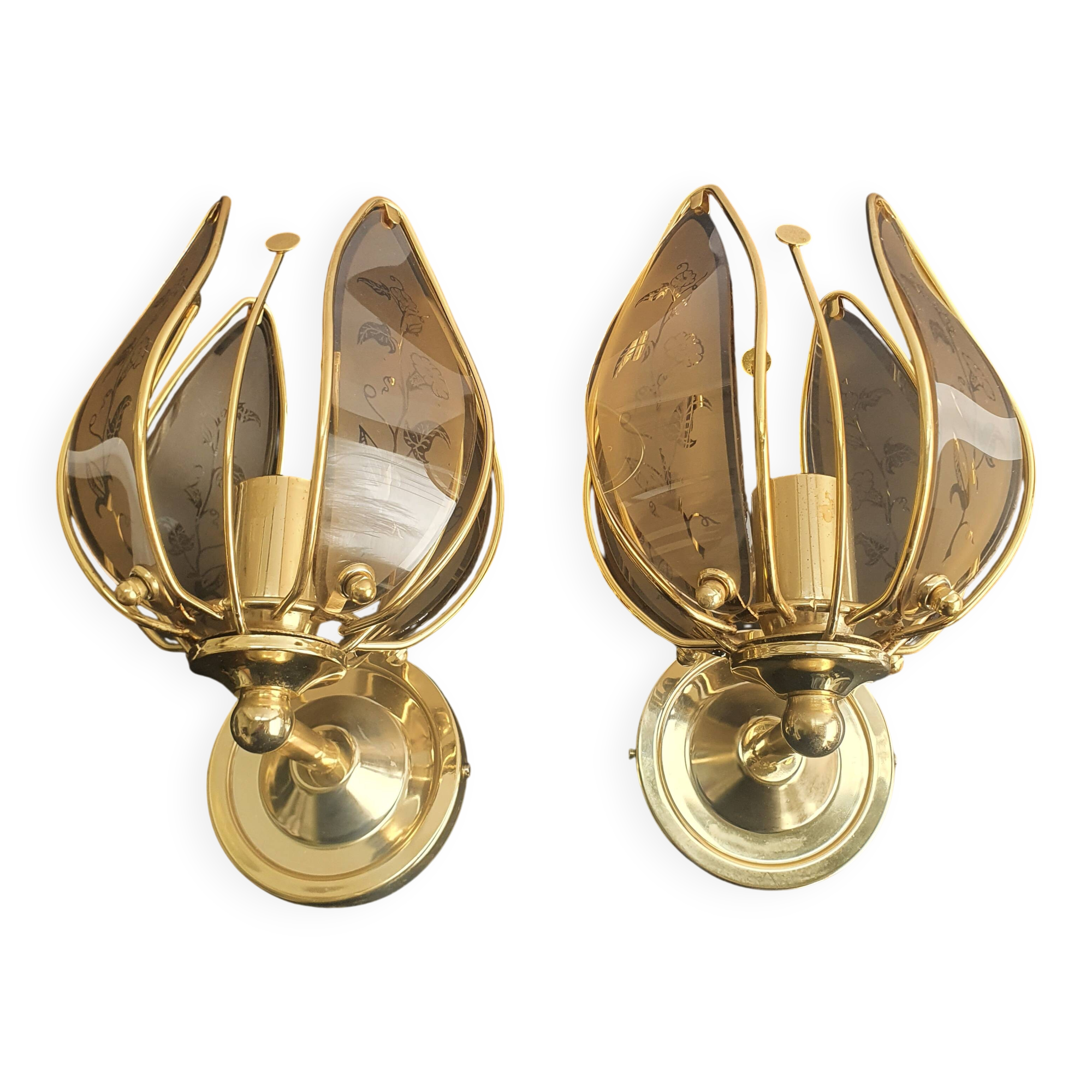 Pair of vintage brass wall sconces with glass shades
