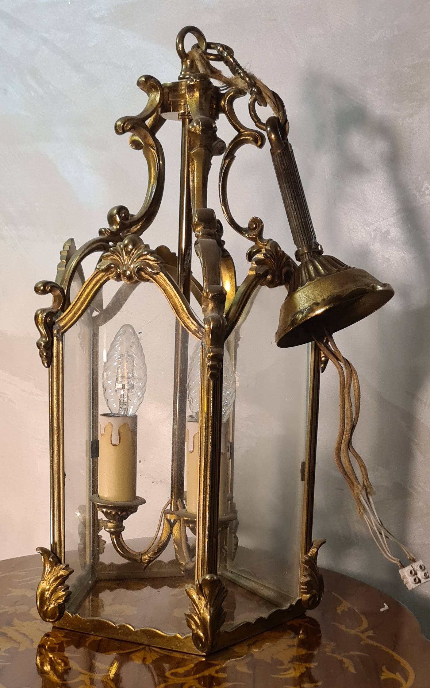 Suspension lanterne 3 feux bronze h40x20 avec fixation 60 cm bon etat