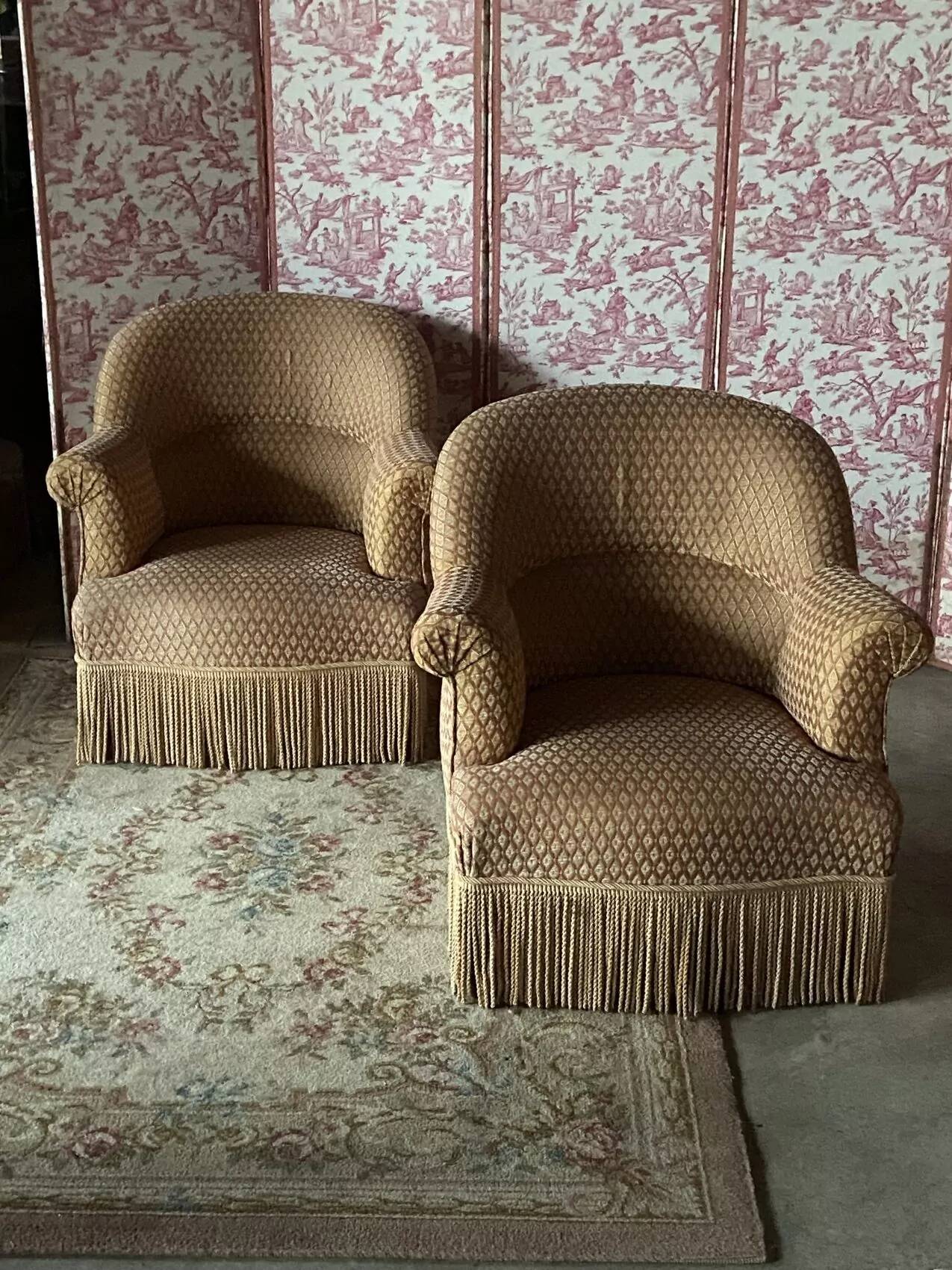 Pair of renovated upholstered frog chairs in beige velvet.