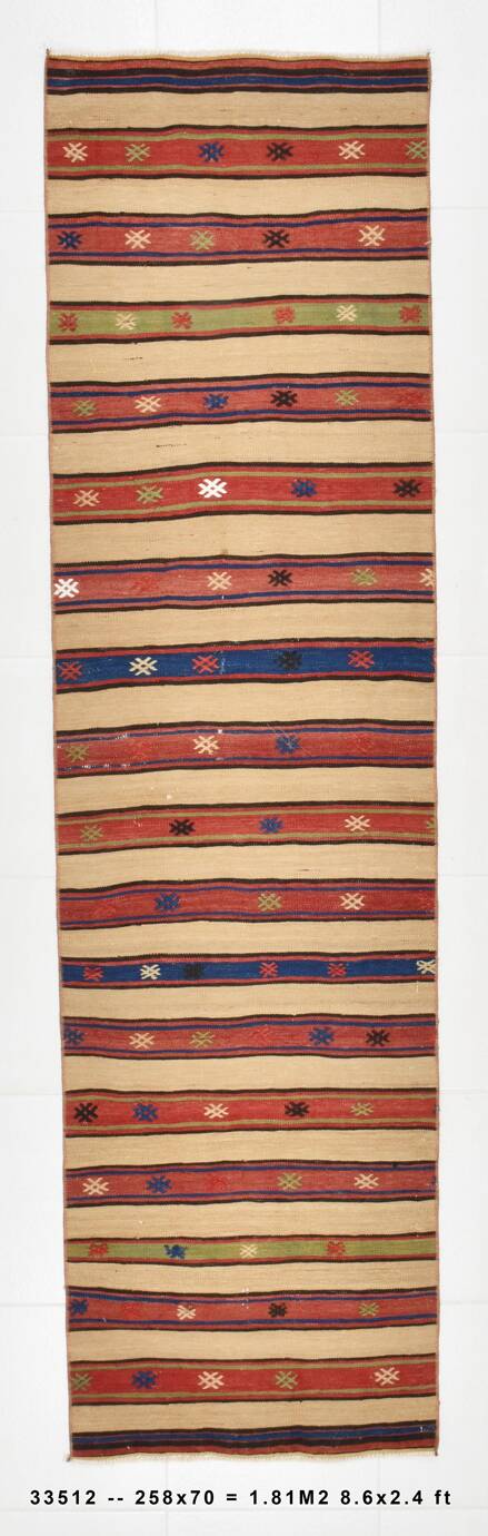 Vintage Sand Beige & Blue Kilim Runner Rug, 70x258Cm