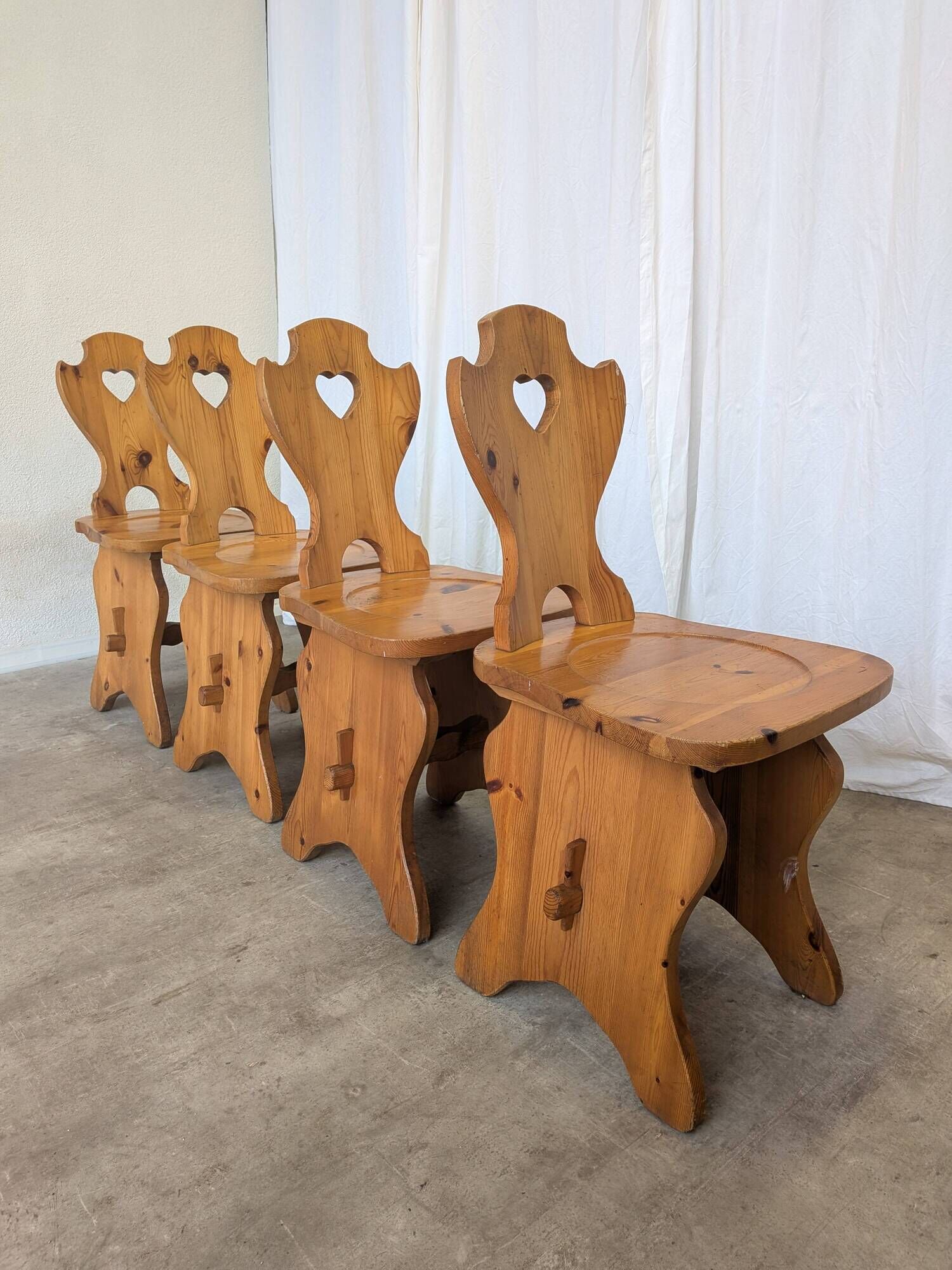 Vintage Alpine Wooden Chairs (Set of 4) Heart Cut-Out