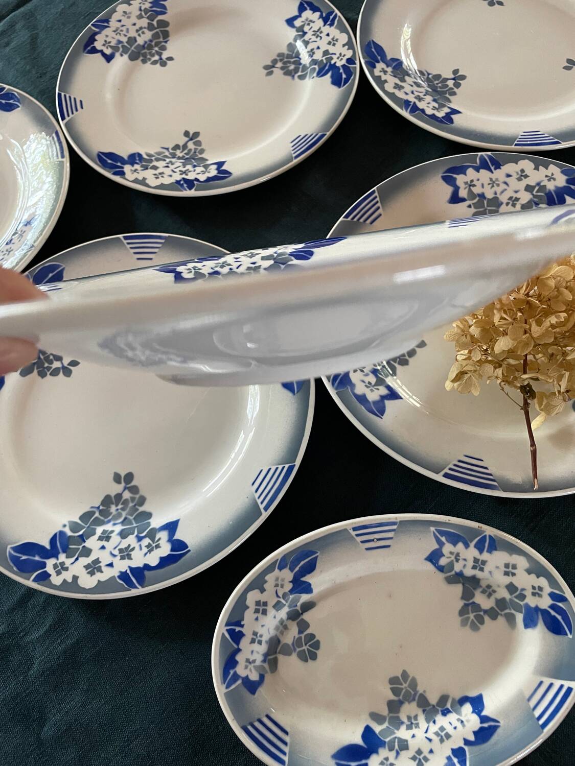 Lot 6 flat plates, 1 dish, 1 Ceranord Saint Amand Vintage 1950s dish