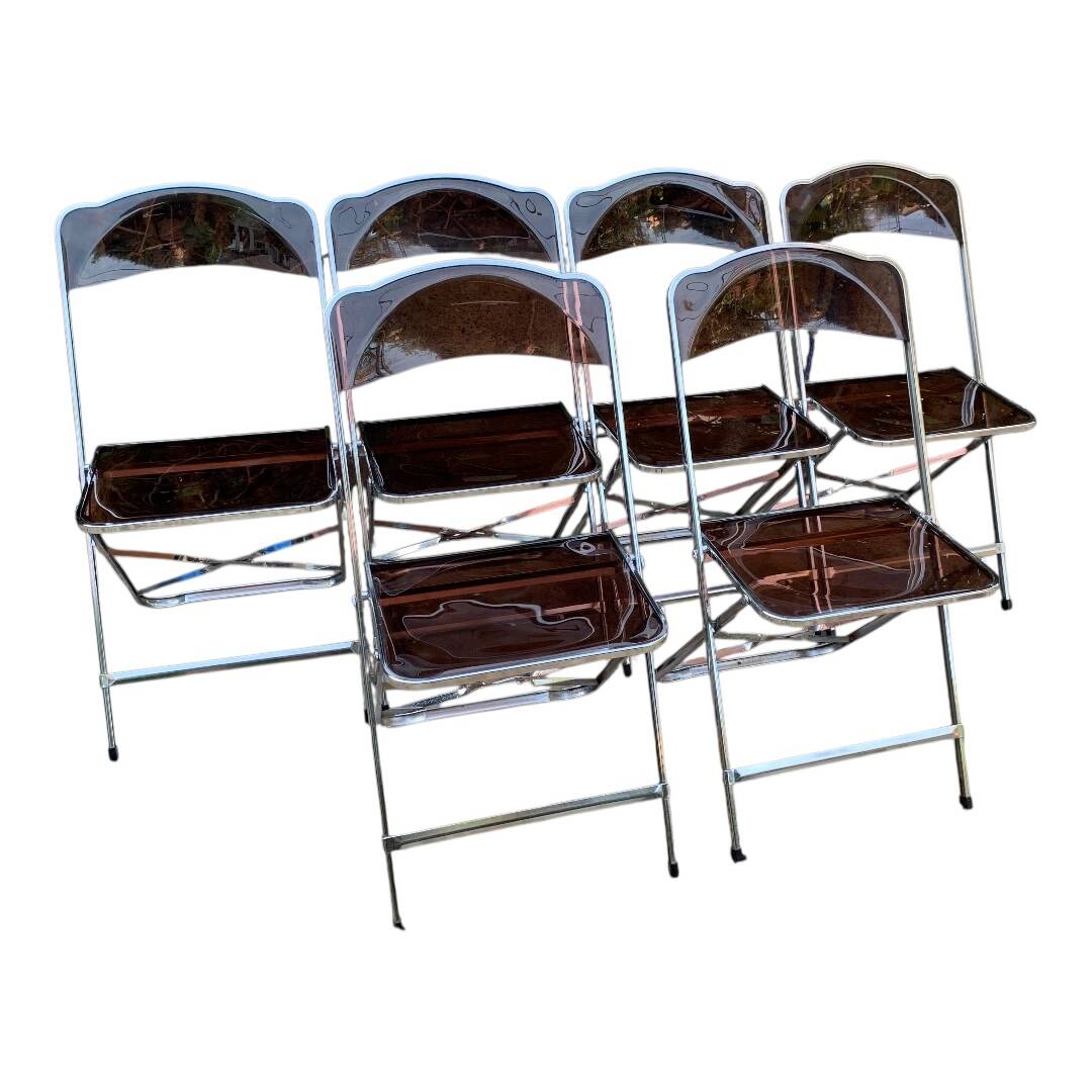 6 chaises pliantes en Plexiglas fumé et métal chrome Chaisor 1970