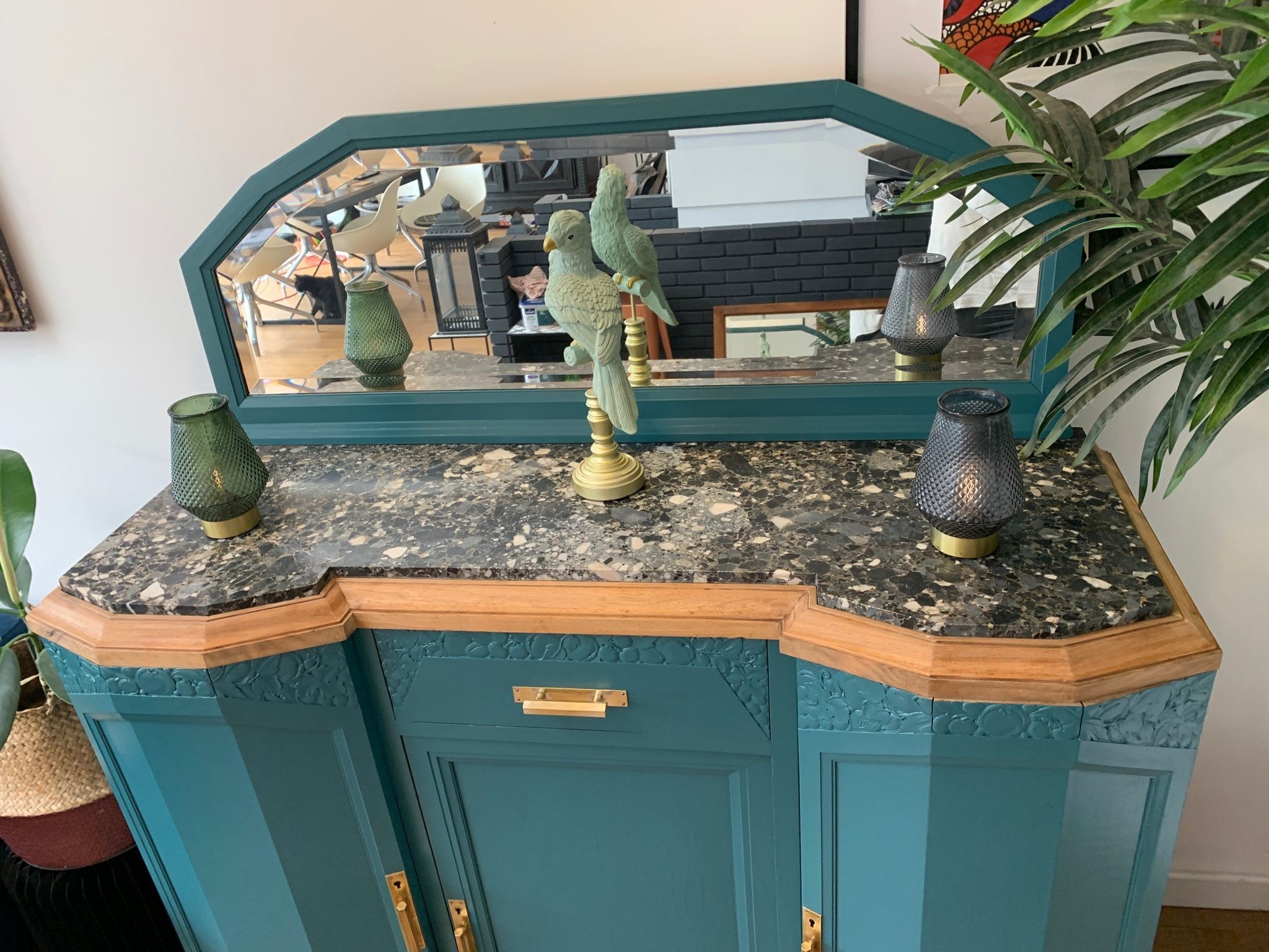 Art deco sideboard restyled blue green duck, marble top, brass handles, vintage shabby chic