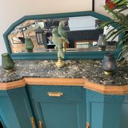 Art deco sideboard restyled blue green duck, marble top, brass handles, vintage shabby chic