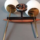 Two-light wall lamp in teak, gilded brass and white opaline Maison Lunel 1960.