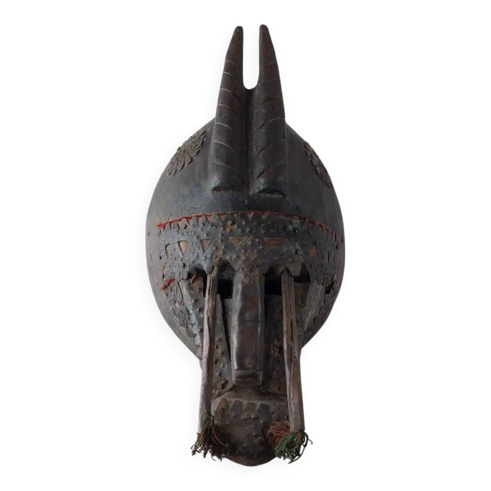 Antique African mask, carved wood and metal plates, Marka Mali