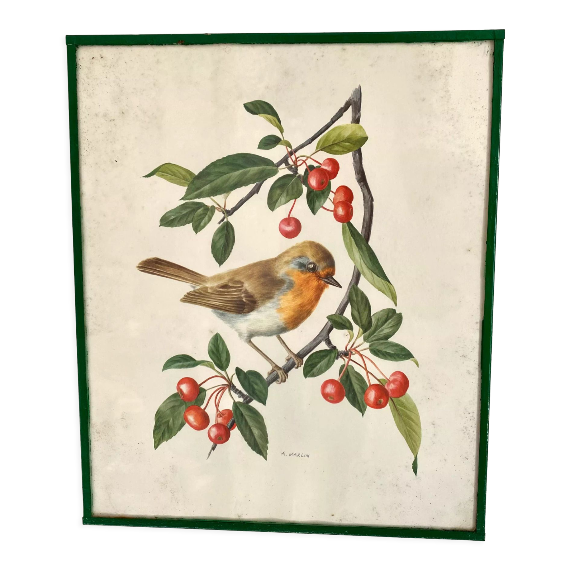 Antique engraving bird in metal frame