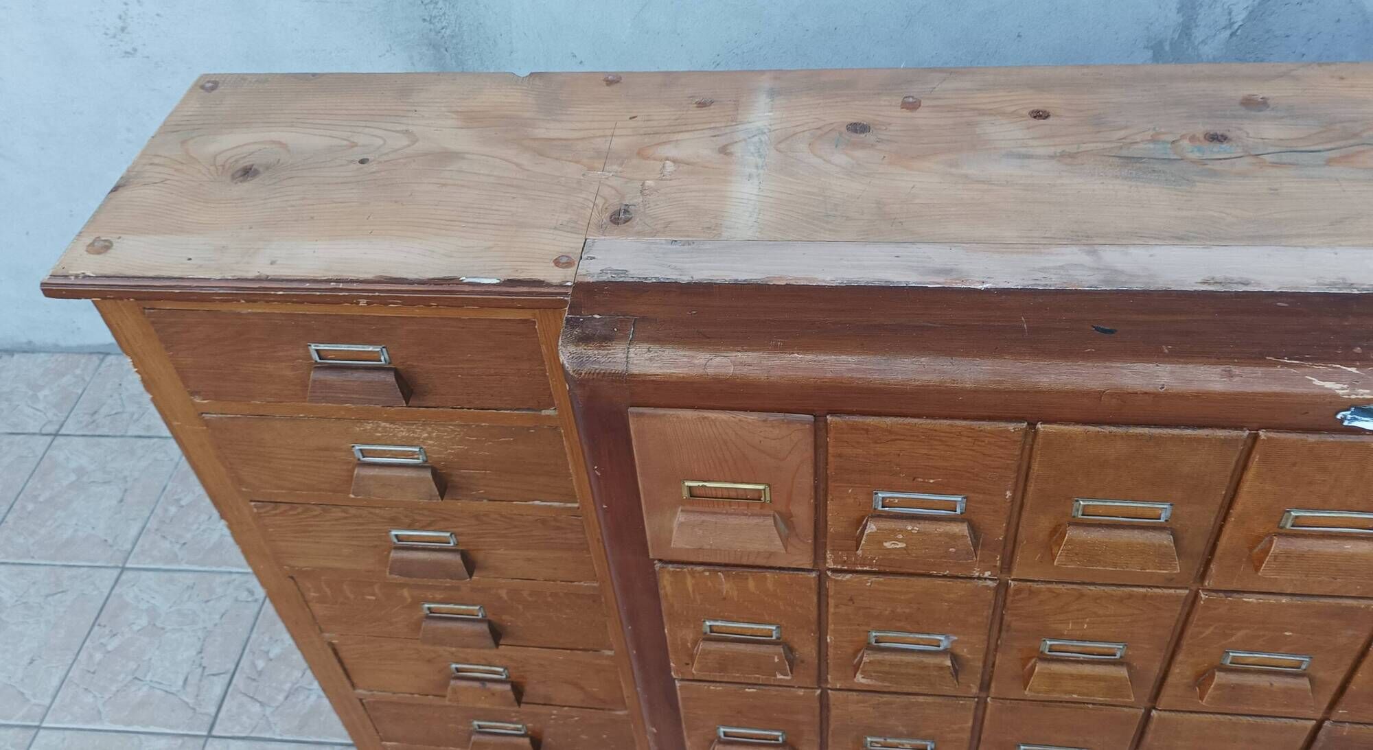Apothecary or trade cabinet in fir with 53 drawers.
