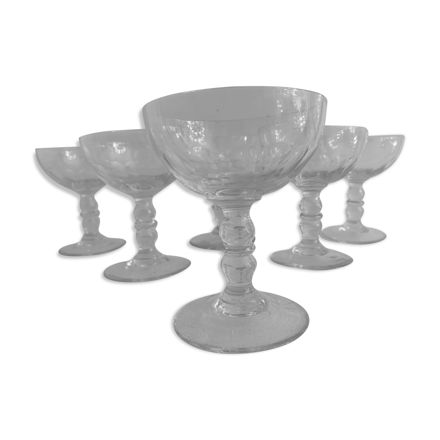 6 old champagne cups in faceted glass