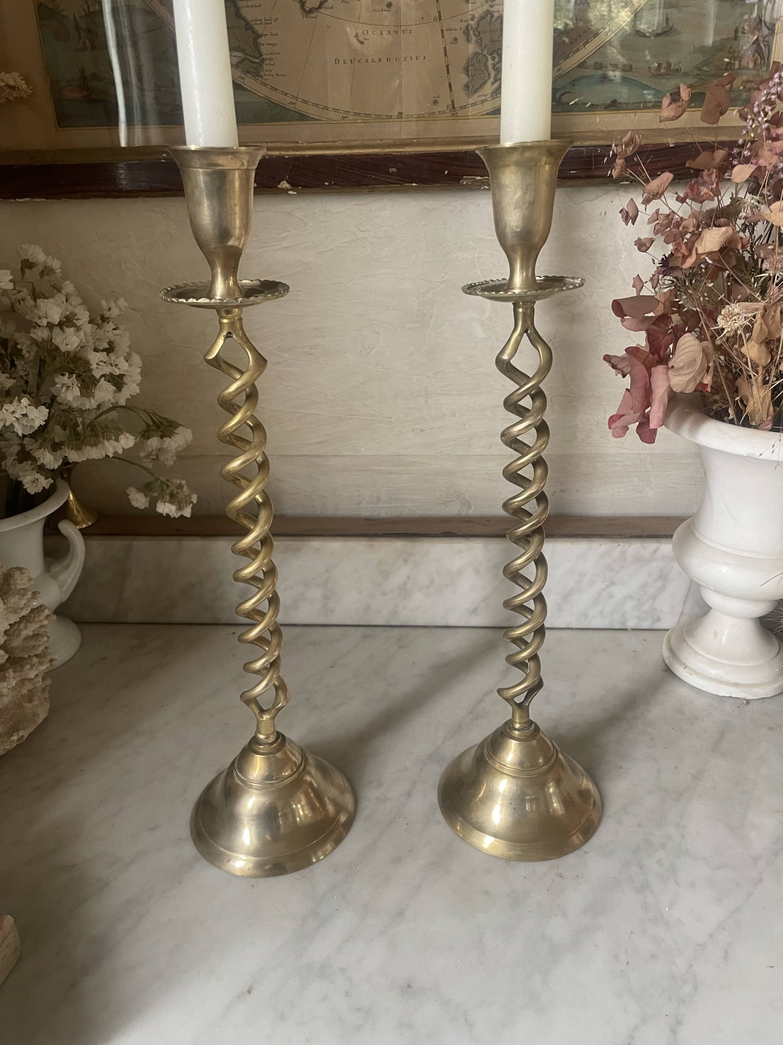 Pair of twisted brass candlesticks 37cm