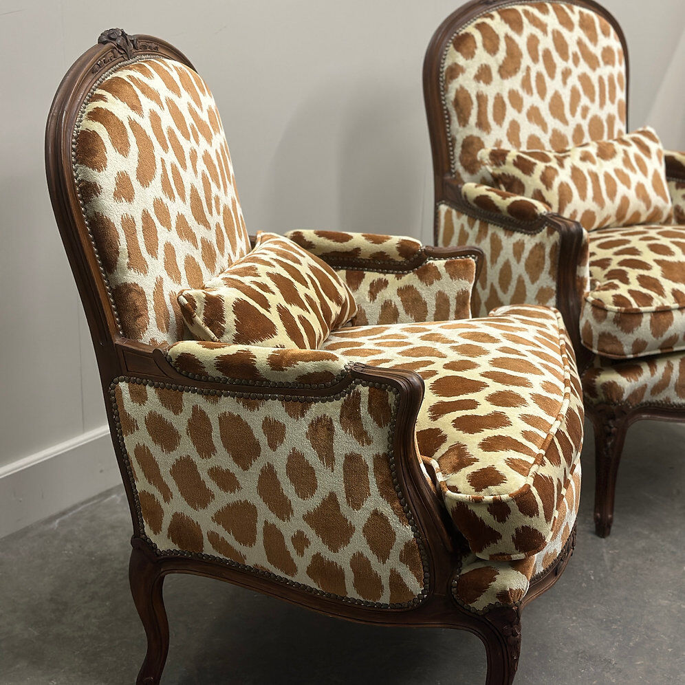Pair of Louis XV style armchairs in giraffe velvet upholstery, France, 1950s
