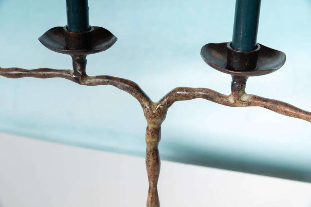Vintage 1960s chandelier, patinated bronze Japandi chandelier.
