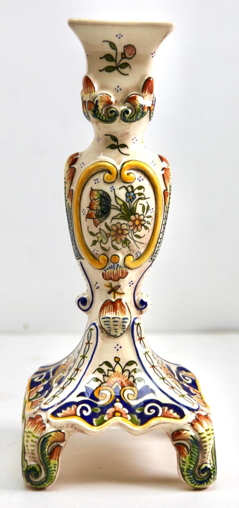 Hand-painted earthenware candle holder from Rouen, France twentieth century