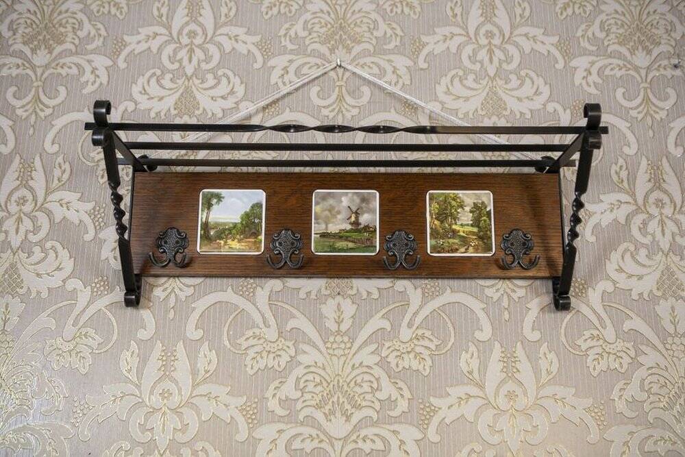 Early 20th Century Dutch Oak Wall Coat Rack with Decorative Tiles, 1950s