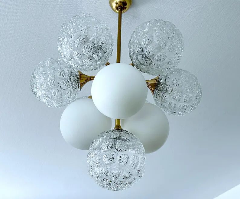 Mid Century Italian Glass & Brass Pendant Light