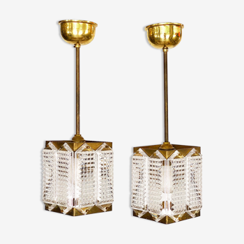 Pair of brass and glass ceiling lights by Wiktor Berndt for Flygsfors, Sweden 1960s