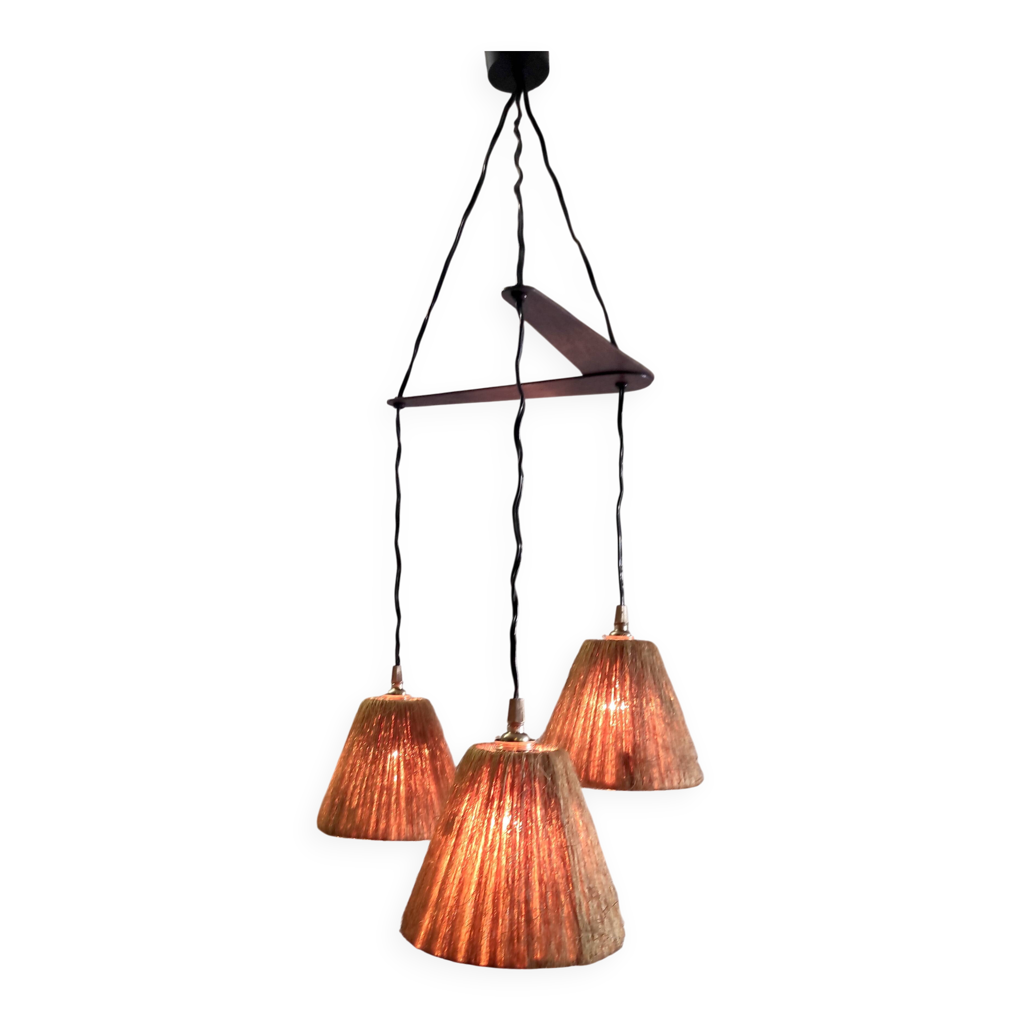 Scandinavian style three-light pendant in teak and sisal - 1960s/70s