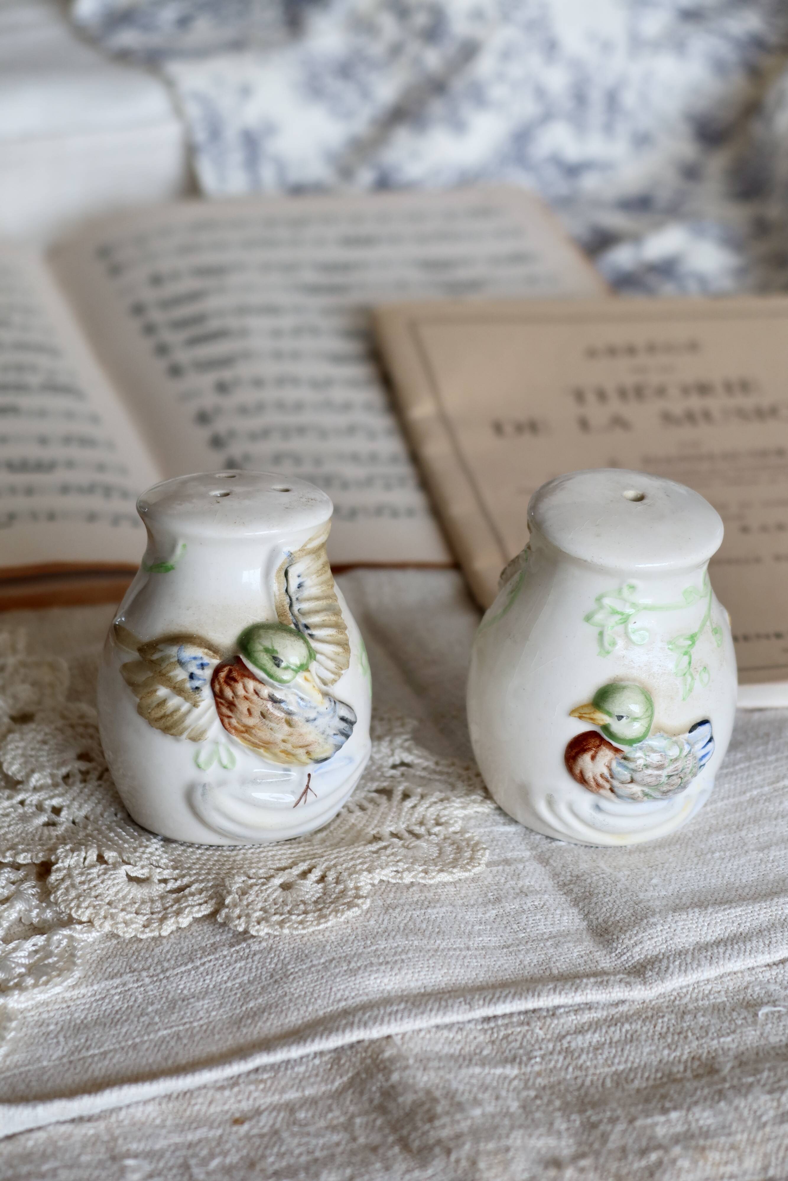 Vintage earthenware and slip salt and pepper shakers with duck motif