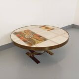 Table basse ronde vintage de Jean Gregorieff pour Roche Bobois des années 60 70 en céramique acier