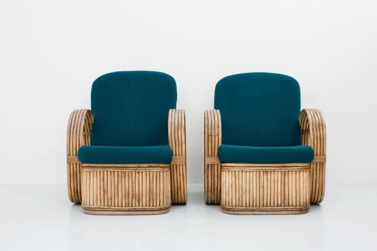 Set of 2 rattan chairs in green wool Italy 1950