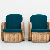 Set of 2 rattan chairs in green wool Italy 1950