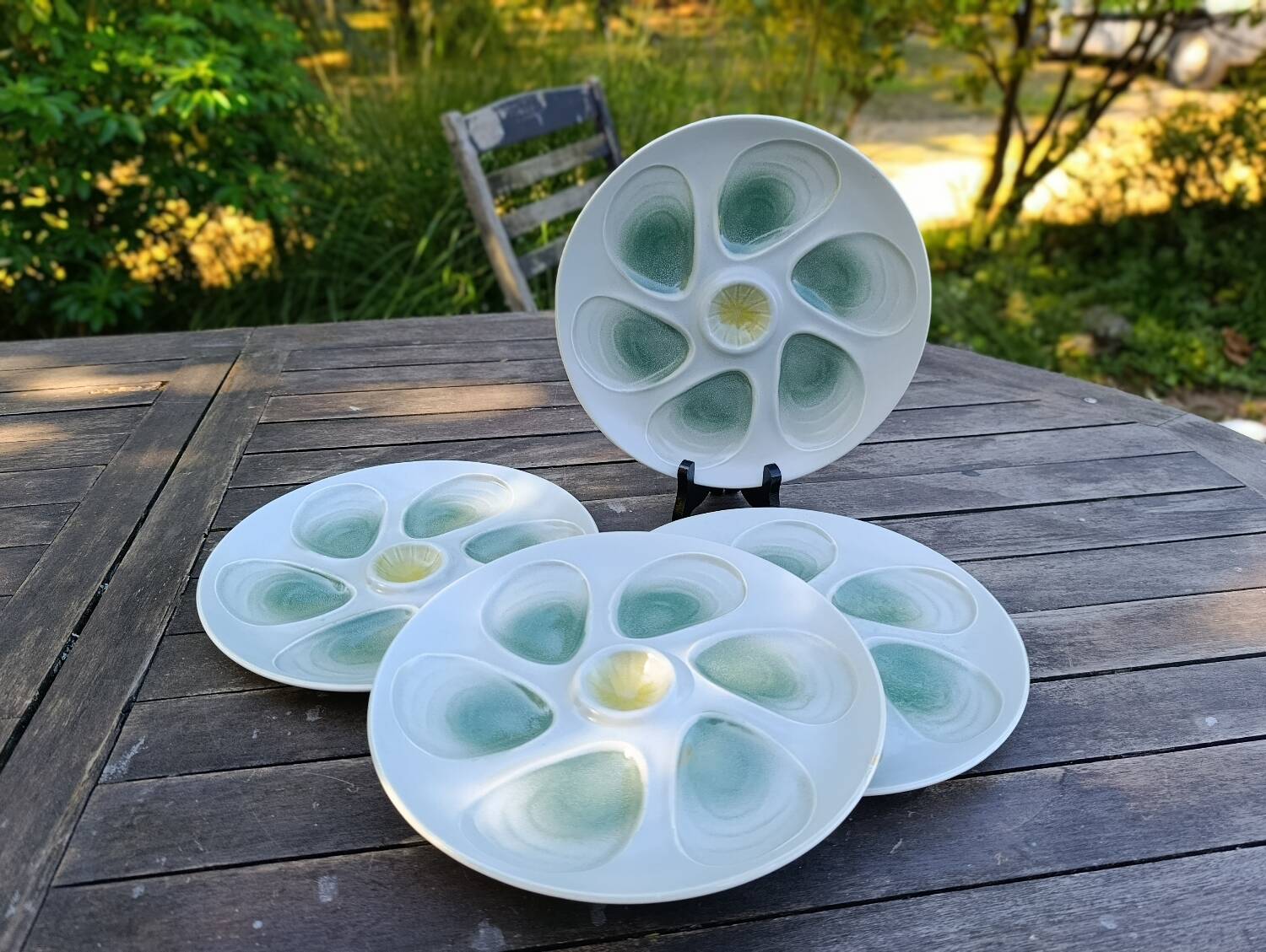 4 green/yellow oyster plates from Salins, 1970