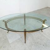 Vintage golden metal and oval glass coffee table, 1970s