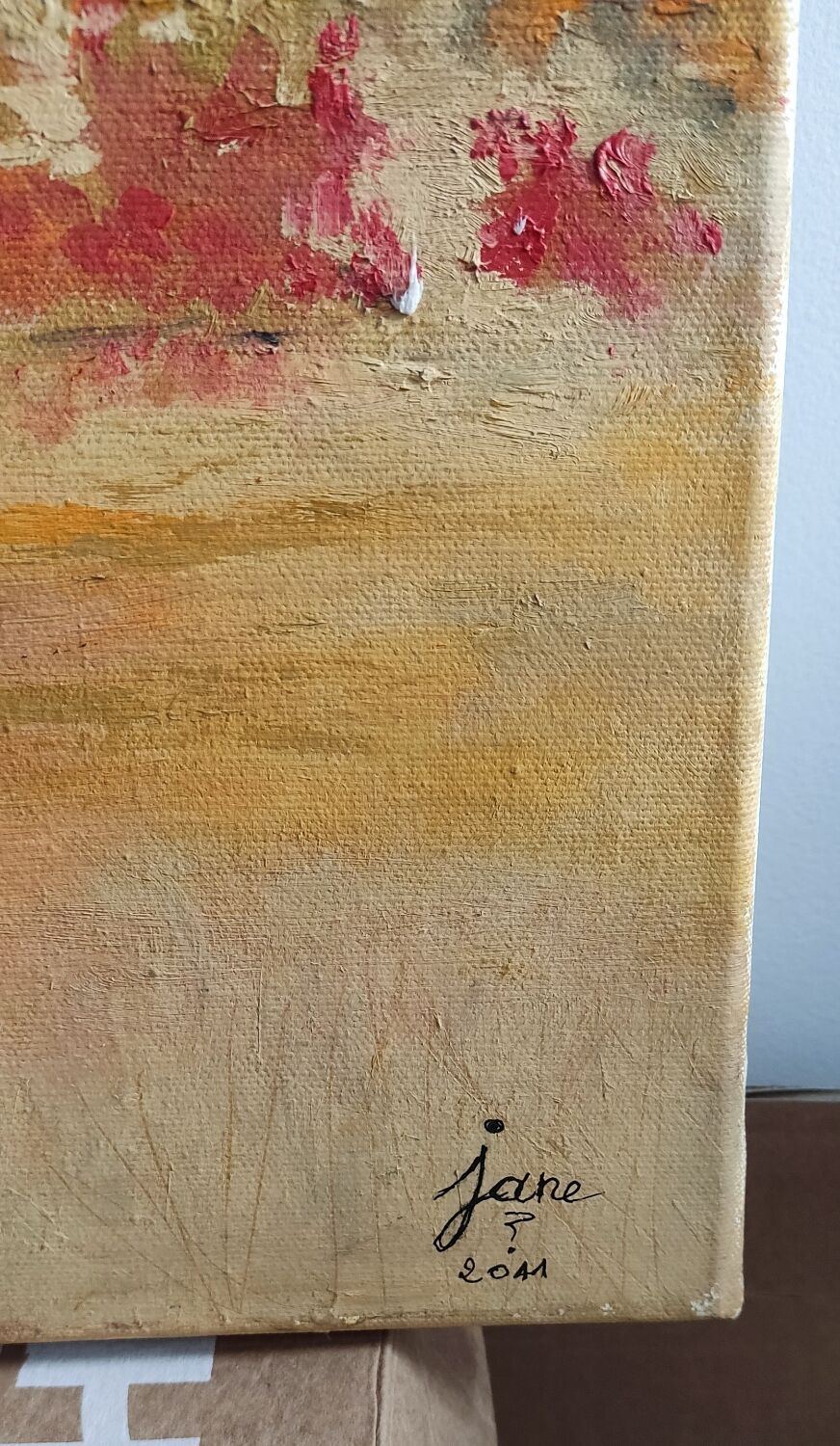 Textured autumn landscape painting – signed Jane – 70x50 cm
