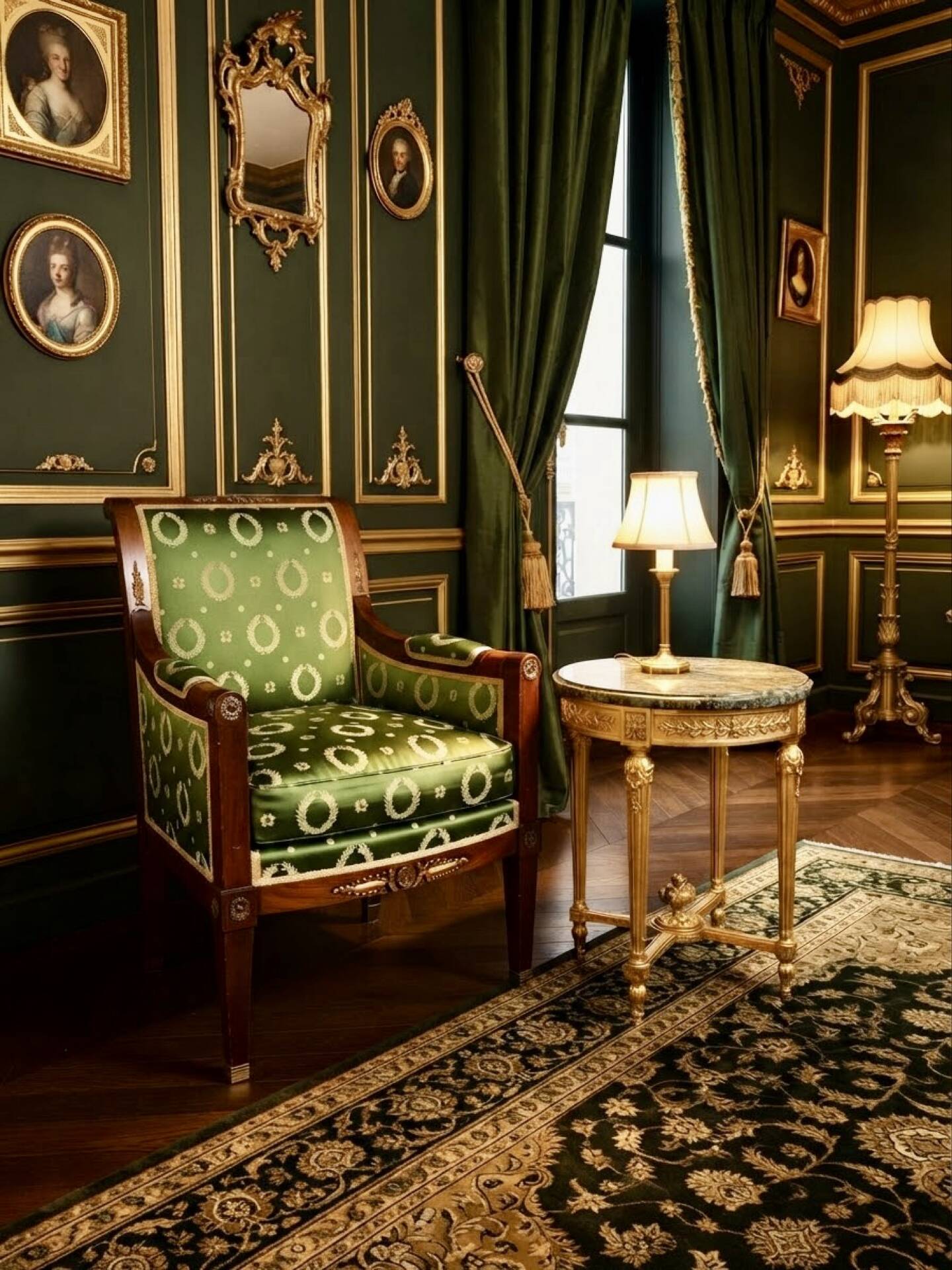 Fauteuil de style Empire en bois et tissu vert