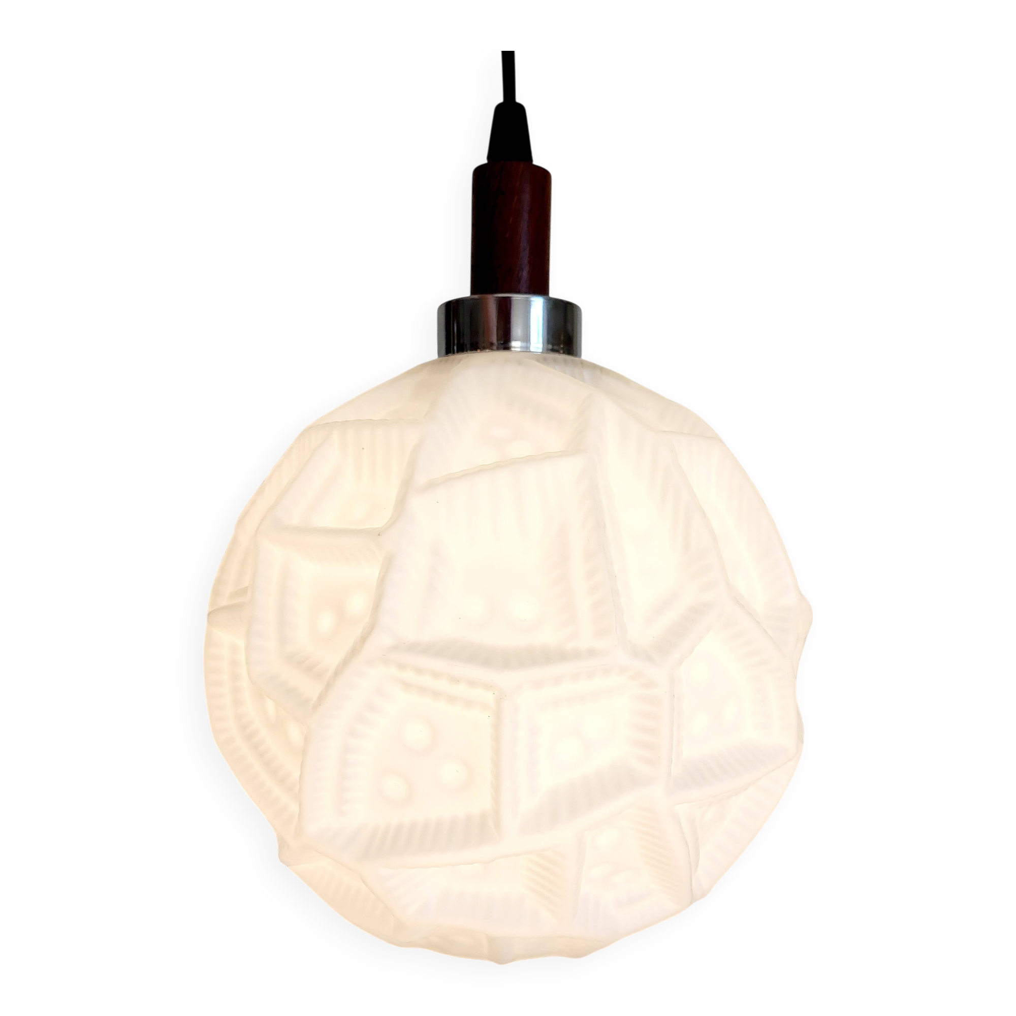 Lampe à suspension vintage, vermoedelijk Peill & Putzler, verre opalin avec relief