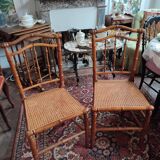 Pair of bamboo-style wooden canned chairs