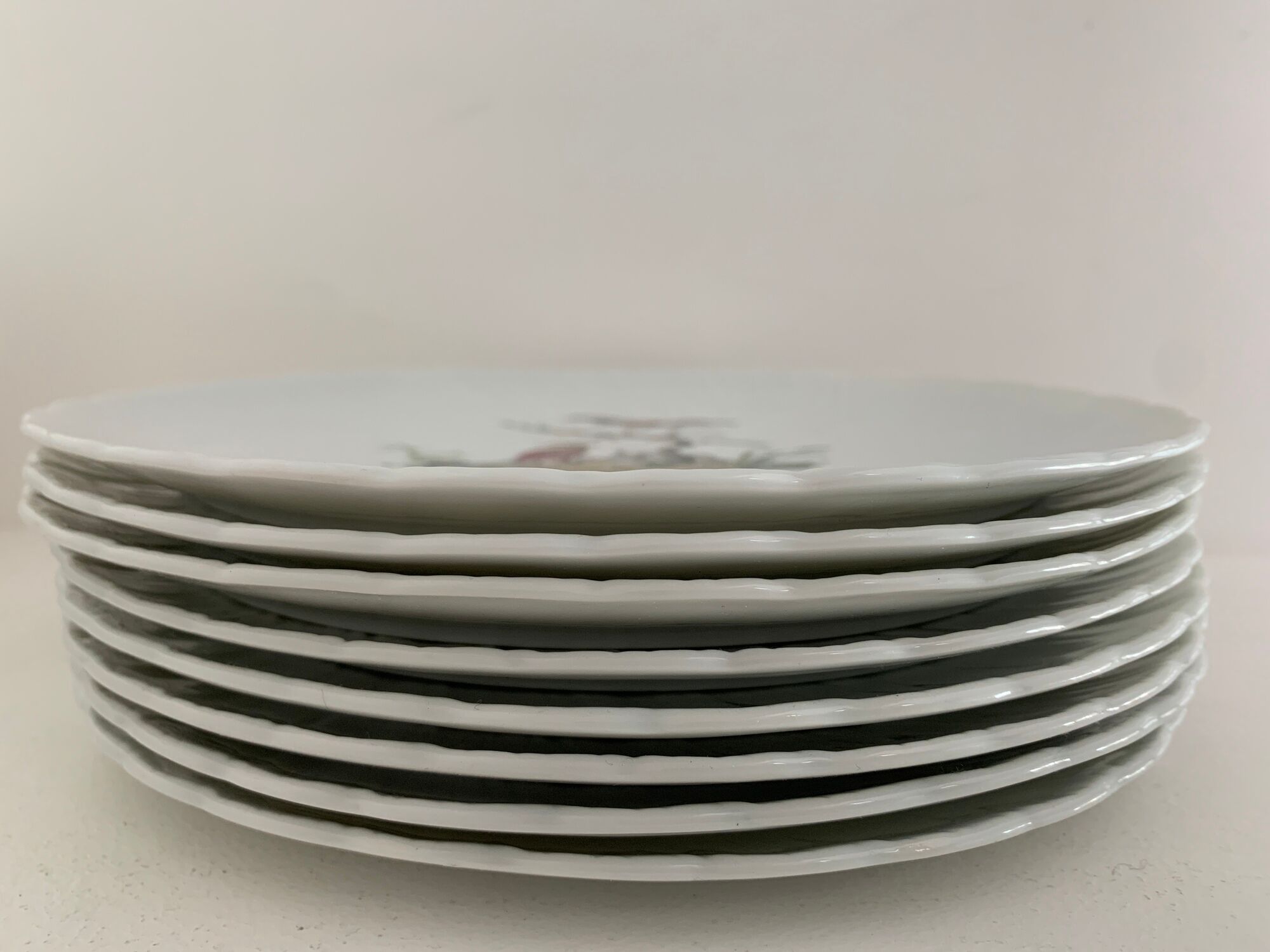 8 Bernardaud and Co. dessert plates signed Elbé, Limoges porcelain, decorated with birds