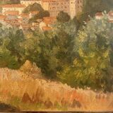 Oil on canvas rural landscape, village steeple and its countryside.