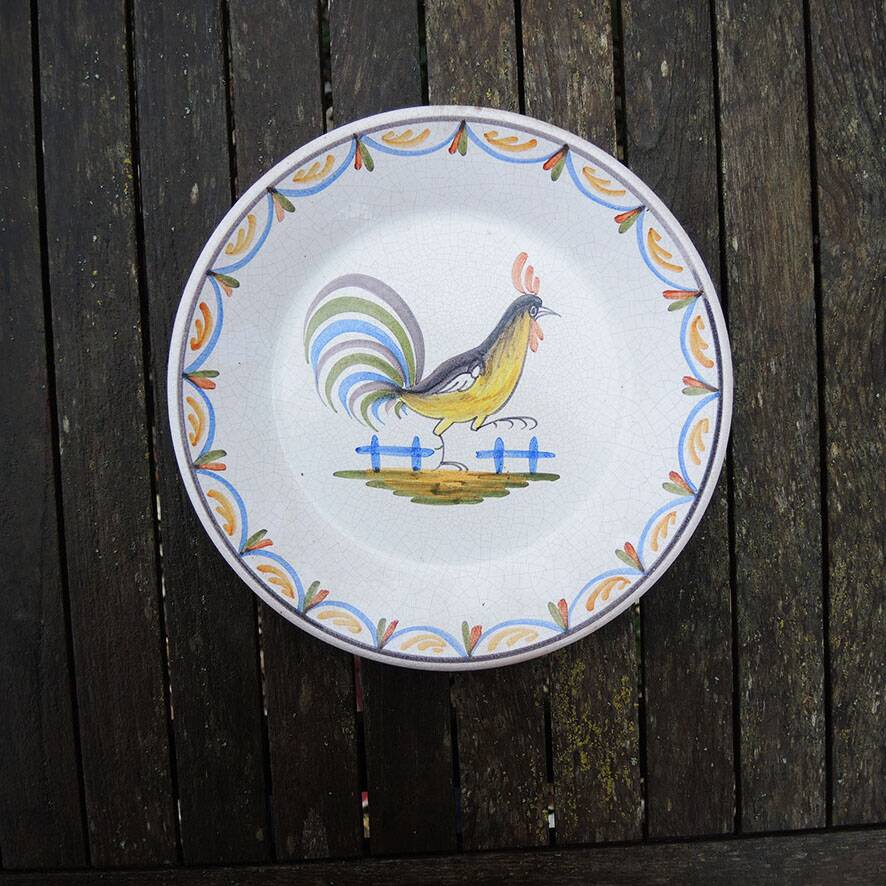 Old deep plate with rooster in Nevers ceramic