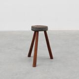 Brutalist French solid oak tripod stool with metal rim, 1850s