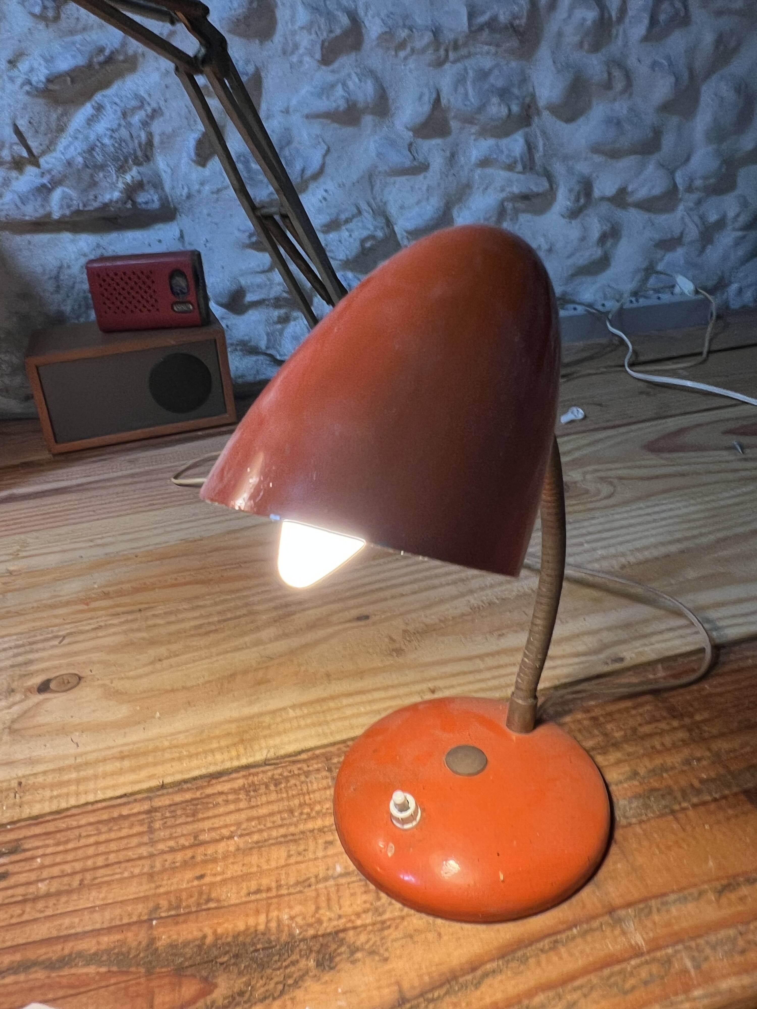 Lampe de bureau vintage orange – col flexible – années 50-60