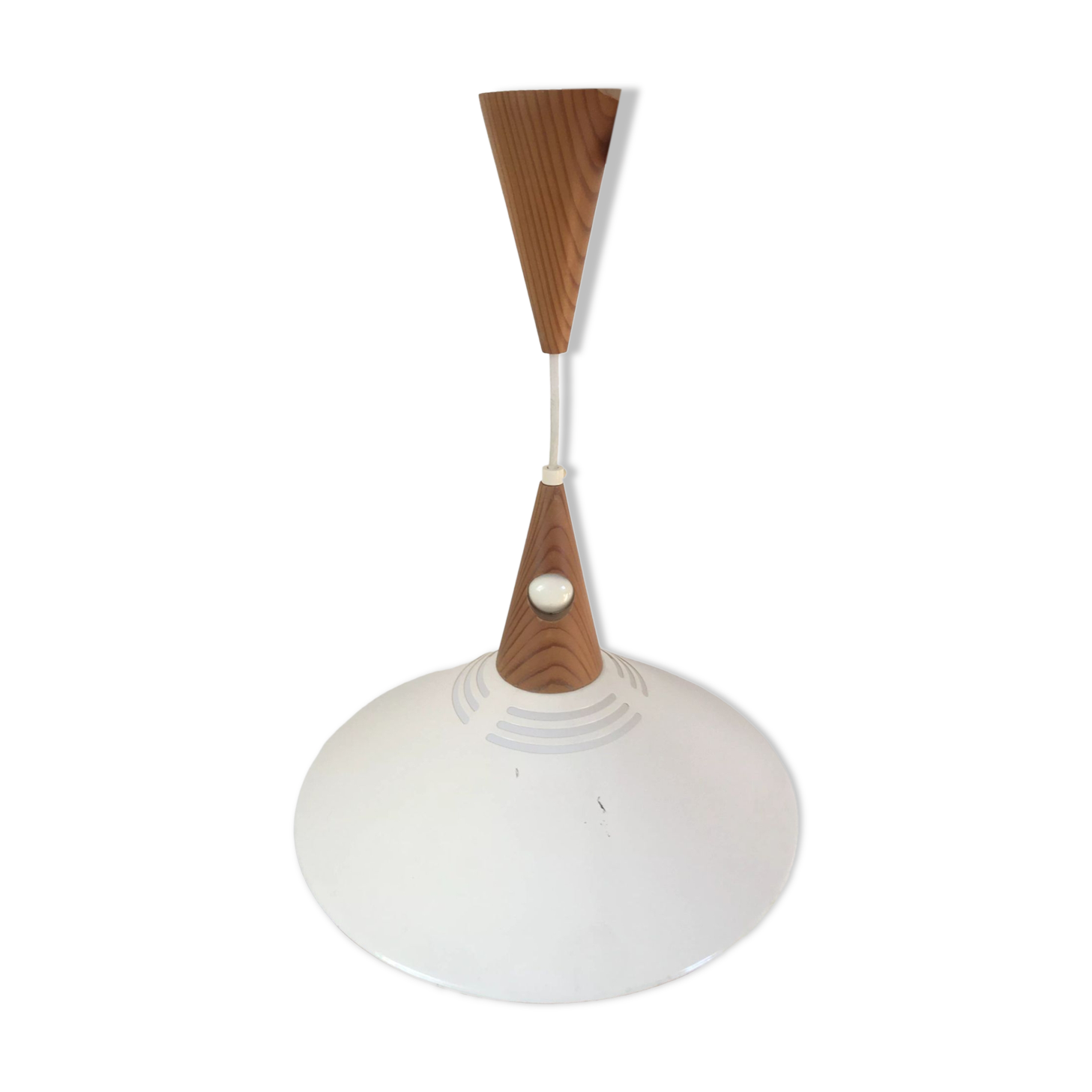 Scandinavian pendant lamp in teak and white metal 70s