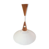 Scandinavian pendant lamp in teak and white metal 70s
