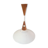 Scandinavian pendant lamp in teak and white metal 70s