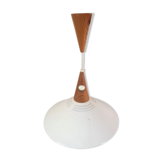 Scandinavian pendant lamp in teak and white metal 70s
